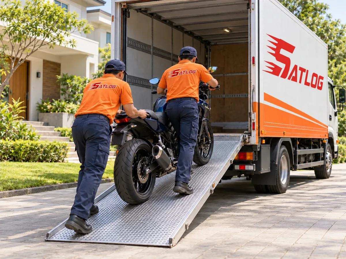 Petugas SATLOG mendorong sepeda motor naik ke truk